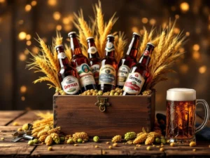Recepten en Blog 6 Duitse biercadeau in houten kist met traditionele flessen, hop, tarwe en bierpul op rustieke houten planken