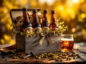 Elegante geschenkdoos met premium craftbier flessen op rustieke houten tafel met warme verlichting en hopbellen