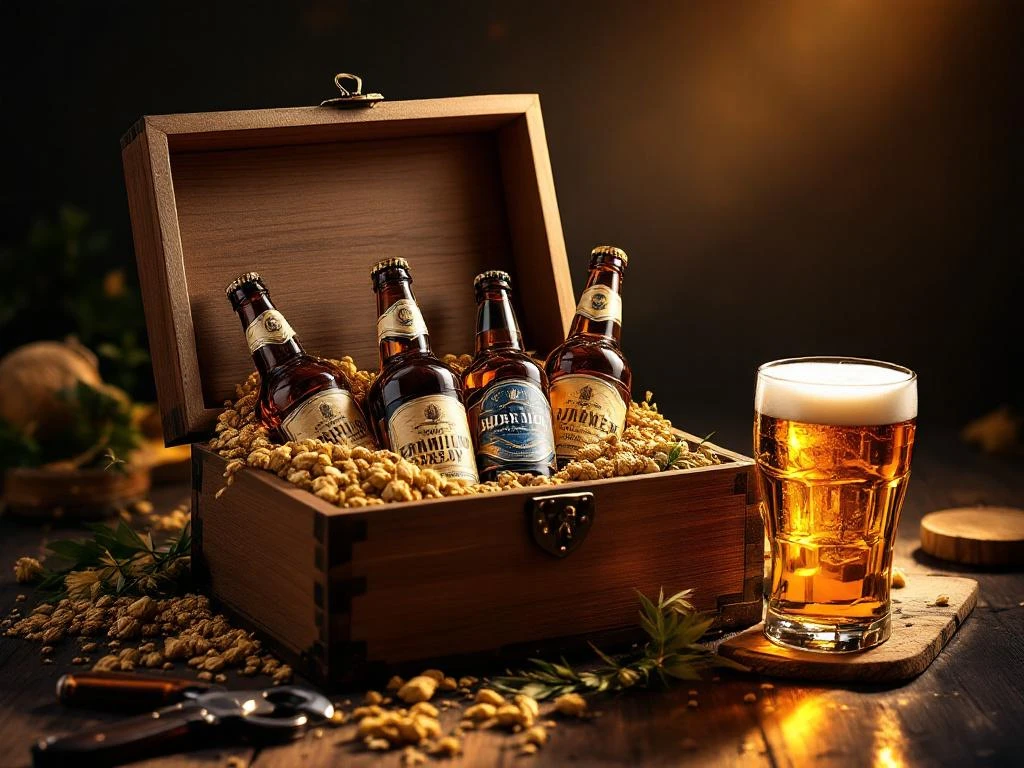 Luxe houten geschenkdoos met ambachtelijke bierflessen, hopbellen en gerst voor Vaderdag cadeau