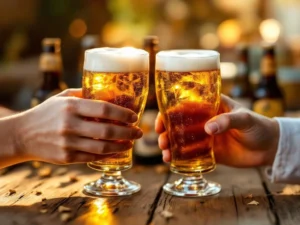Vader en dochter proosten met ambachtelijk bier in gouden glazen, craft beer flessen op houten tafel op de achtergrond