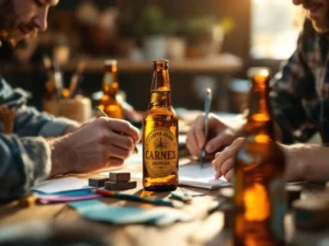 Vader en kind maken samen gepersonaliseerde bieretiketjes aan houten tafel met ambachtelijke bierflessen en knutselspullen