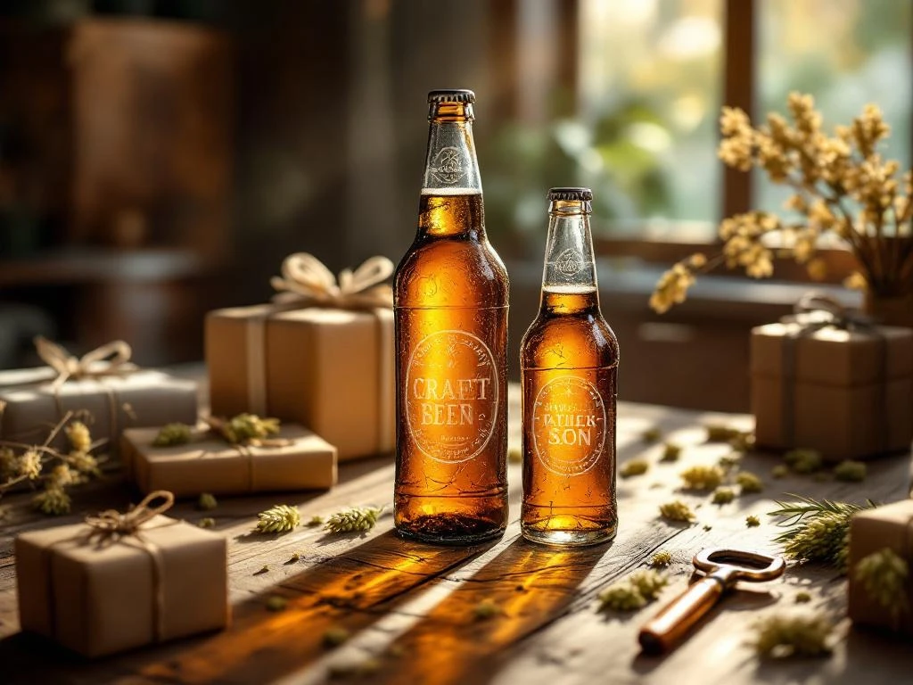 Twee ambachtelijke bierflessen op rustieke houten tafel met cadeaus, hop en warme verlichting voor Vaderdag