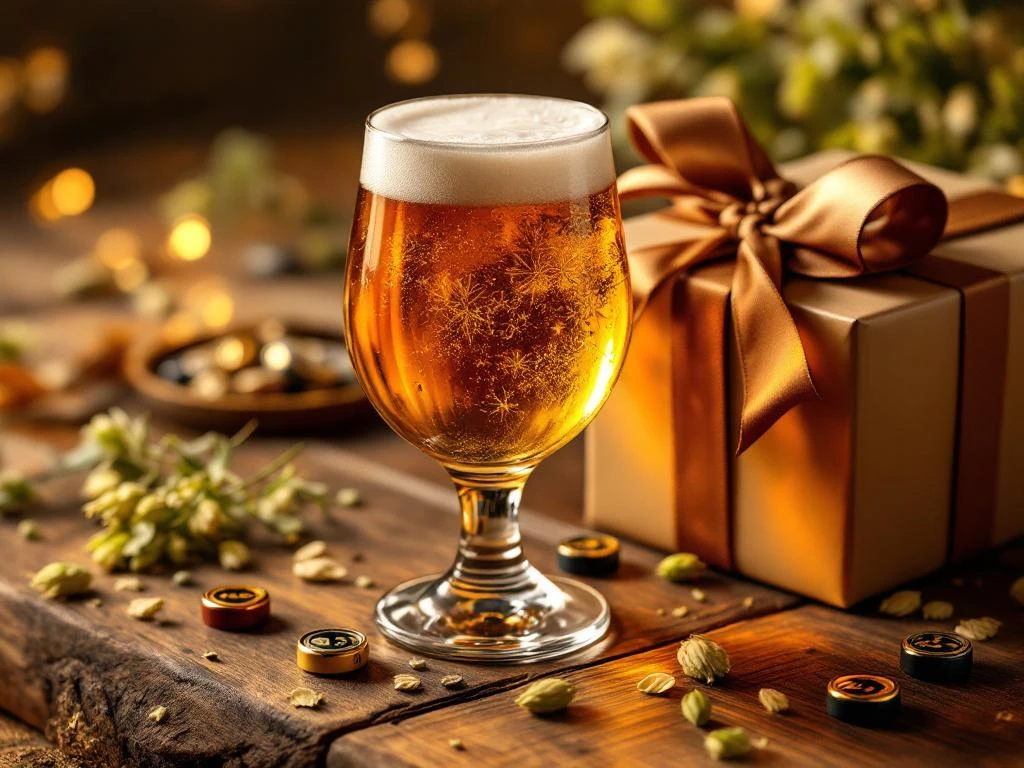 Belgisch tripel bierglas met gouden bier naast Vaderdag cadeauverpakking, hopbloemen en flessendoppen op hout