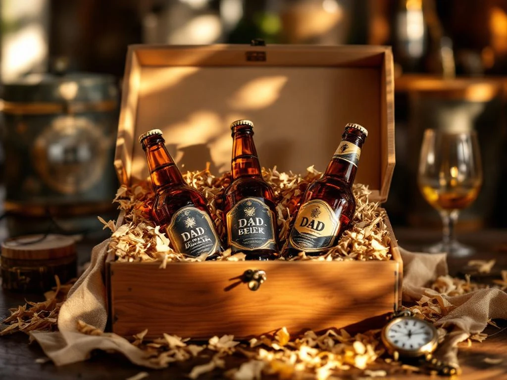 Elegante biergeschenkdoos met premium amber flessen in houtsnippers voor Vaderdag, warme verlichting