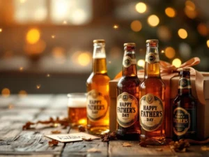 Recepten en Blog 3 Premium ambachtelijke bierflessen in gouden tinten op houten tafel met cadeauverpakking voor Vaderdag