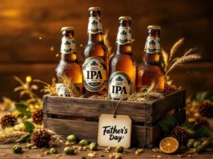 Recepten en Blog 4 Vaderdag bier cadeau set met ambachtelijke IPA flessen in houten kist, hop en gerst decoratie op rustieke achtergrond