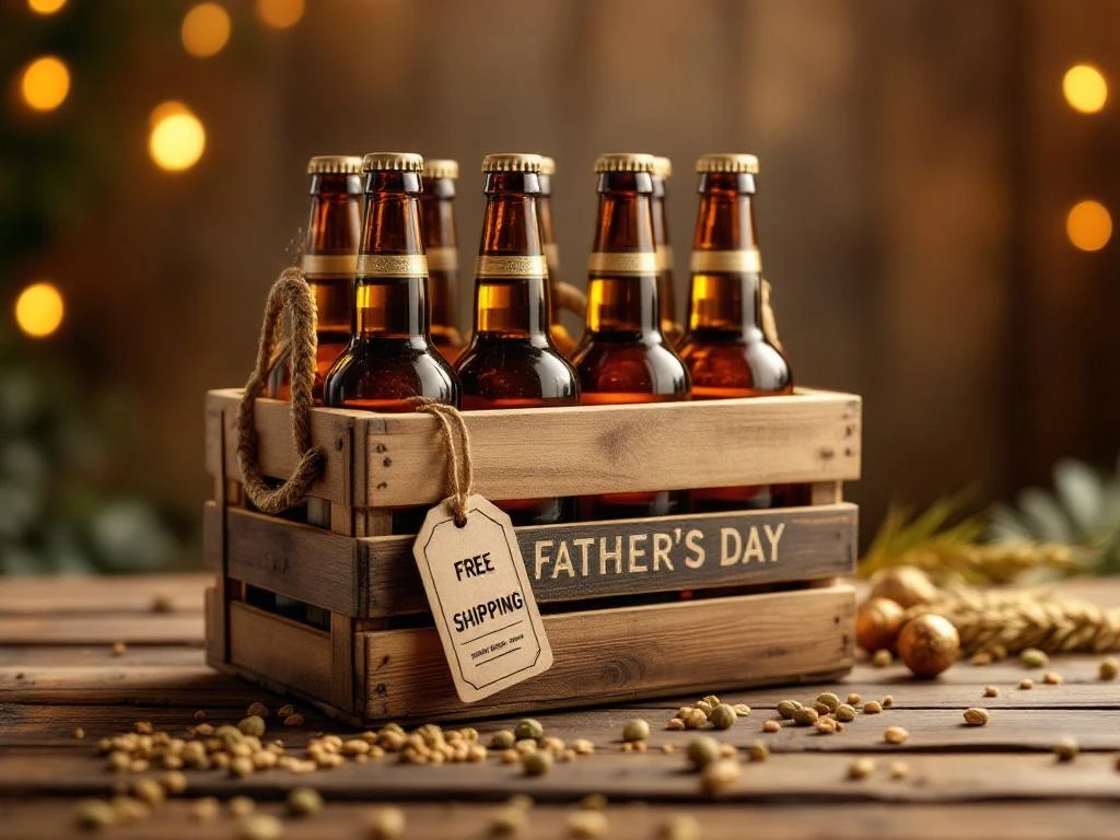 Elegante houten krat met premium ambachtelijke bierflessen op rustieke eiken tafel voor Vaderdag cadeau