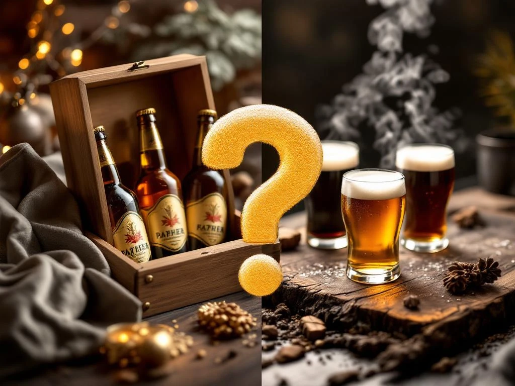 Vaderdag biercadeau opties: houten geschenkdoos met ambachtelijke bieren links, bierproeverij opstelling rechts