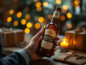 Recepten en Blog 5 Vaderlijke handen houden elegante craftbier fles vast met warme verlichting en Vaderdag cadeaus op achtergrond