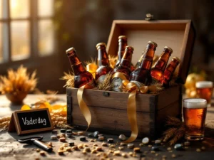 Houten geschenkdoos vol amberen craftbier flesjes met gouden lint voor Vaderdag op rustieke houten ondergrond