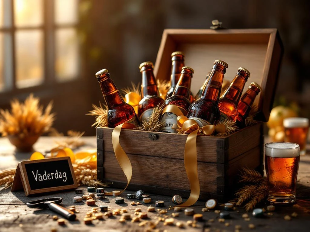 Houten geschenkdoos vol amberen craftbier flesjes met gouden lint voor Vaderdag op rustieke houten ondergrond
