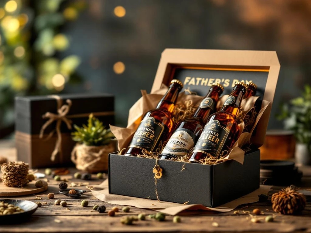 Vaderdag biercadeau met premium ambachtelijke bierflessen in elegante donkere verpakking op rustieke houten ondergrond