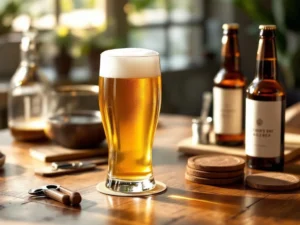 Recepten en Blog 3 Pilsner glas met gouden bier en schuimkraag op houten tafel met Vaderdag cadeaus en flesopeners