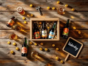 Vaderdag biercadeau set met ambachtelijke bierflessen in houten doos op rustieke houten planken, bovenaanzicht