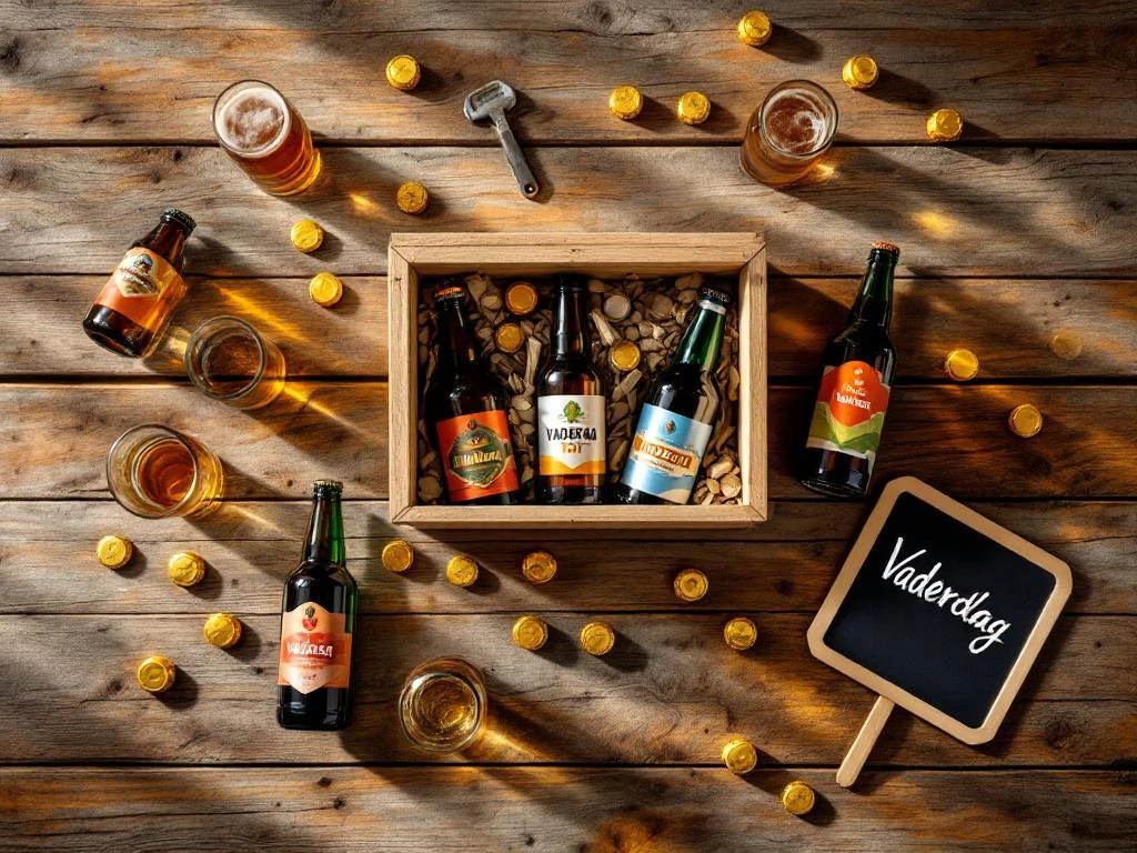 Vaderdag biercadeau set met ambachtelijke bierflessen in houten doos op rustieke houten planken, bovenaanzicht