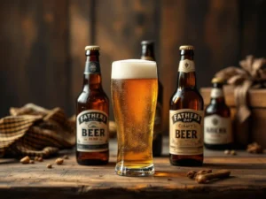 Vaderdag biertafel met ambachtelijke bierflessen, vintage glas met schuimkraag en cadeau op rustiek hout