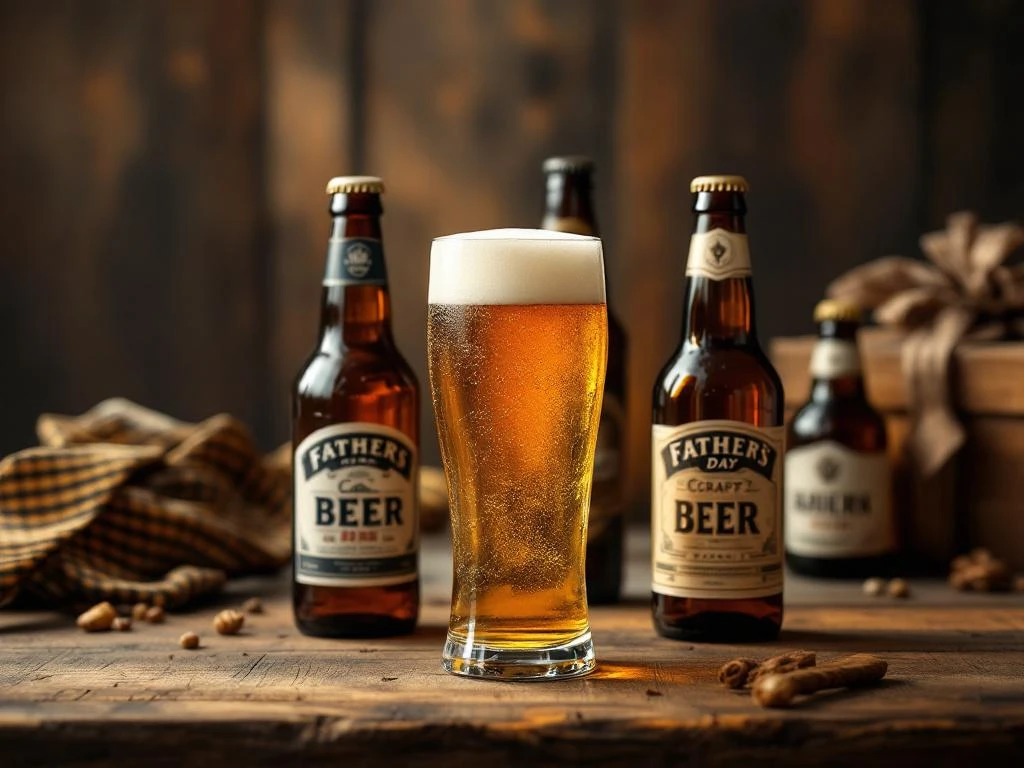 Vaderdag biertafel met ambachtelijke bierflessen, vintage glas met schuimkraag en cadeau op rustiek hout