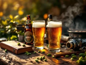 Ambierkleurige craftbieren op rustieke houten tafel met Vaderdag activiteiten zoals barbecue en visuitrusting bij zonsondergang