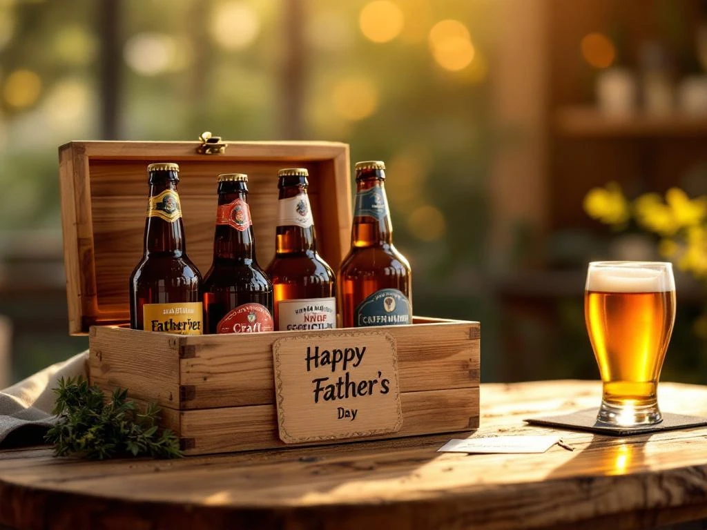 Elegante houten geschenkdoos met premium alcoholvrije craftbier flessen en Vaderdag kaart op rustieke eiken tafel