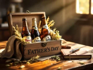 Recepten en Blog 1 Elegante houten cadeaubox met premium Belgische bieren Duvel, Chimay en Leffe voor Vaderdag op mahoniehout tafel