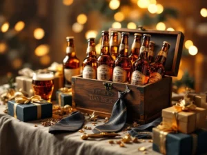 Elegante houten geschenkdoos met premium craft bieren, stropdas en cadeaus voor Vaderdag in warme verlichting