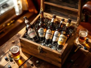 Houten geschenkdoos vol amberen craft bierflessen met artisanale etiketten, perfecte vaderdag cadeau set