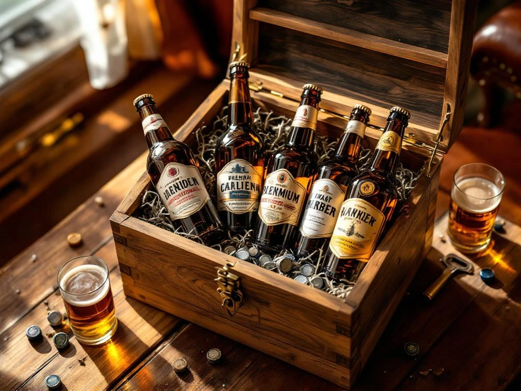 Houten geschenkdoos vol amberen craft bierflessen met artisanale etiketten, perfecte vaderdag cadeau set
