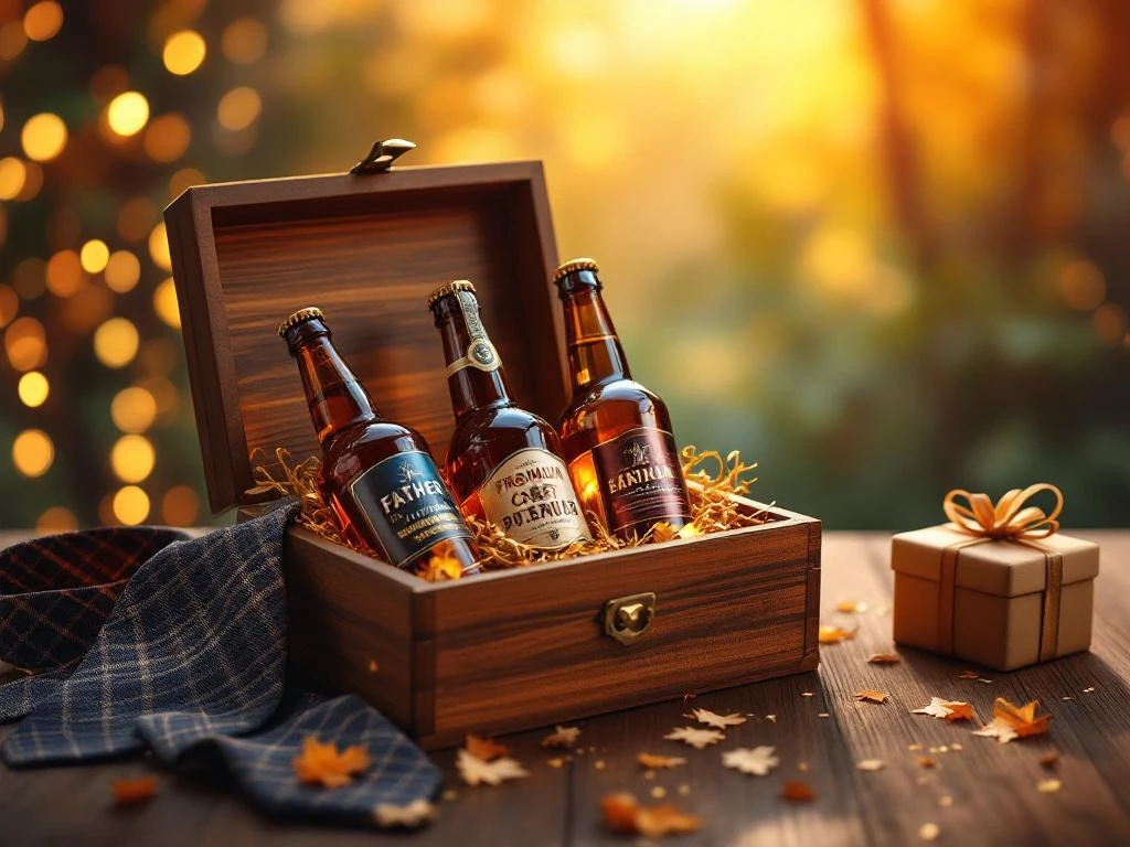Luxe houten cadeauset met craft bier flessen, stropdas en cadeau voor Vaderdag in warme gouden verlichting