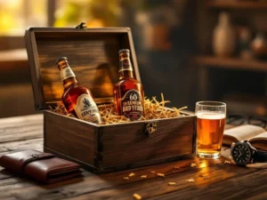 Geopende houten cadeaubox met craft bierflessen, leren portemonnee en vintage horloge op eiken tafel voor Vaderdag