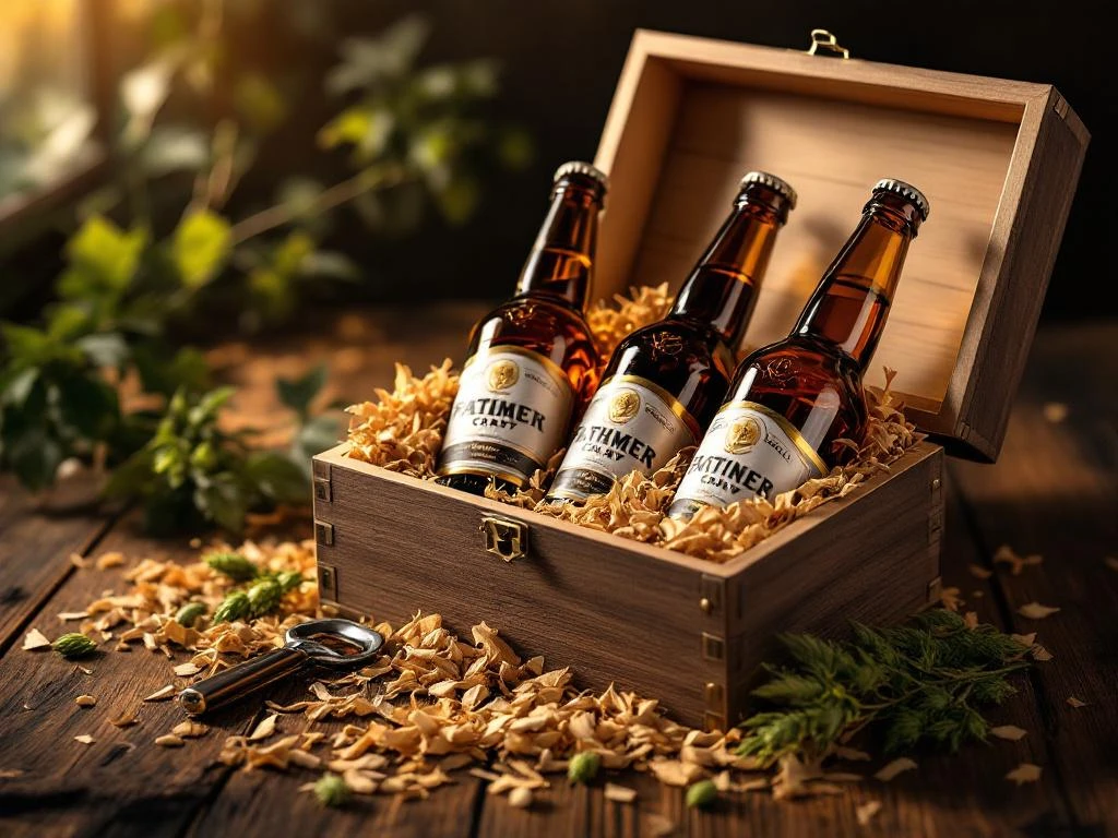 Houten geschenkdoos met premium craftbier flessen in houtkrullen, met hopbellen en flesopener voor Vaderdag