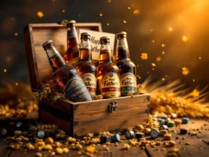 Houten cadeaudoos vol ambachtelijke bierflessen met Father's Day kaart, hopbloemen en gerstkorrels op rustieke achtergrond