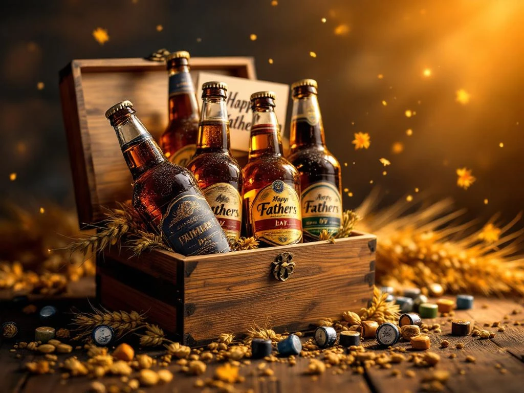 Houten cadeaudoos vol ambachtelijke bierflessen met Father's Day kaart, hopbloemen en gerstkorrels op rustieke achtergrond