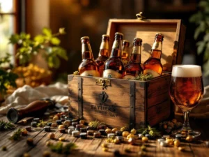 Houten cadeau doos vol premium craft bier flessen voor Vaderdag met flesopener en bierglas op houten tafel