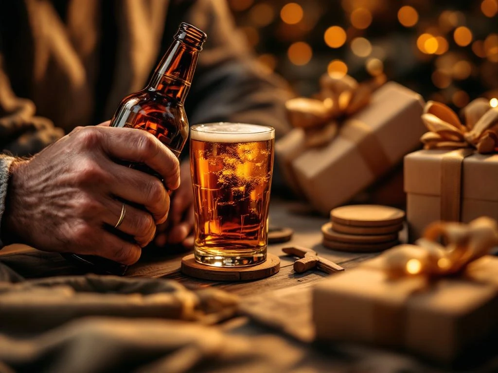 Vaderhanden houden amberen craftbier fles omringd door houten onderzetters en cadeauverpakkingen voor Vaderdag