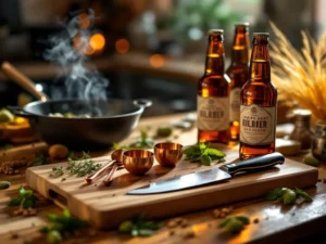 Houten snijplank met koksmes, koperen lepels en verse kruiden, ambachtelijke bierflesjes op achtergrond, Vaderdag cadeau-idee