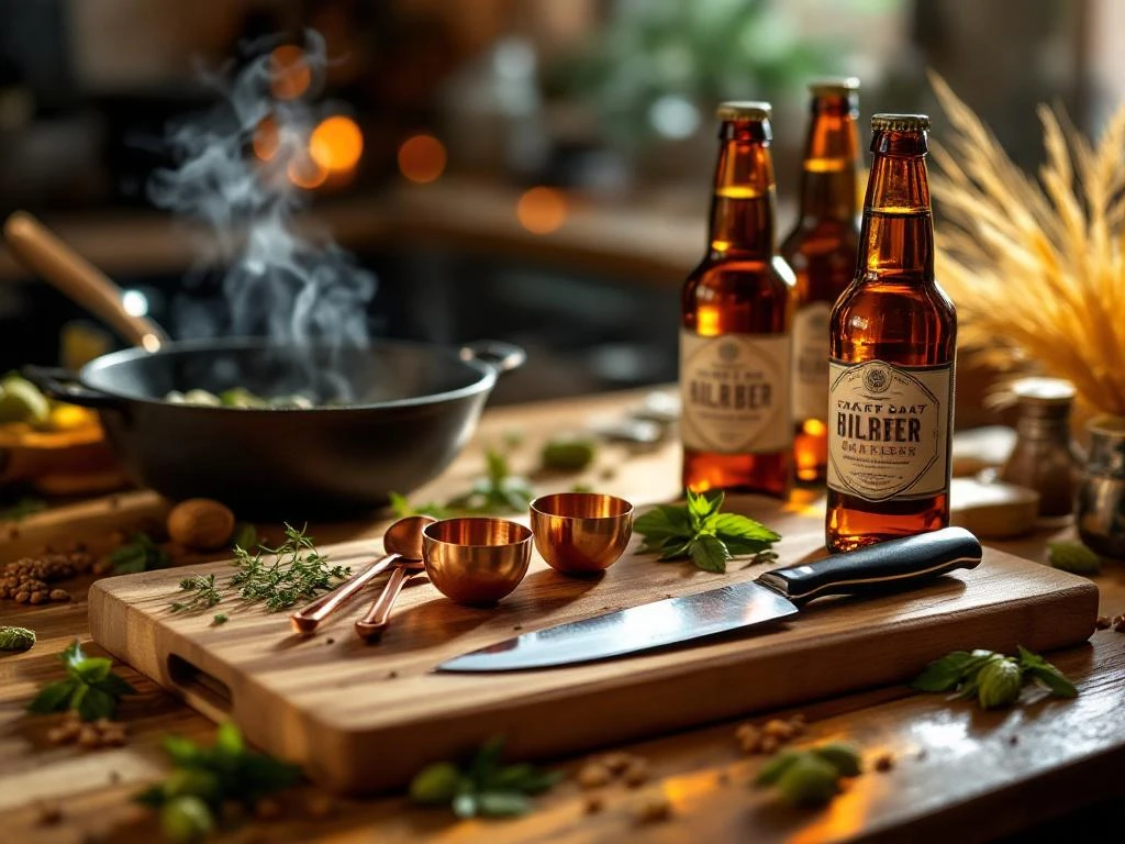 Houten snijplank met koksmes, koperen lepels en verse kruiden, ambachtelijke bierflesjes op achtergrond, Vaderdag cadeau-idee