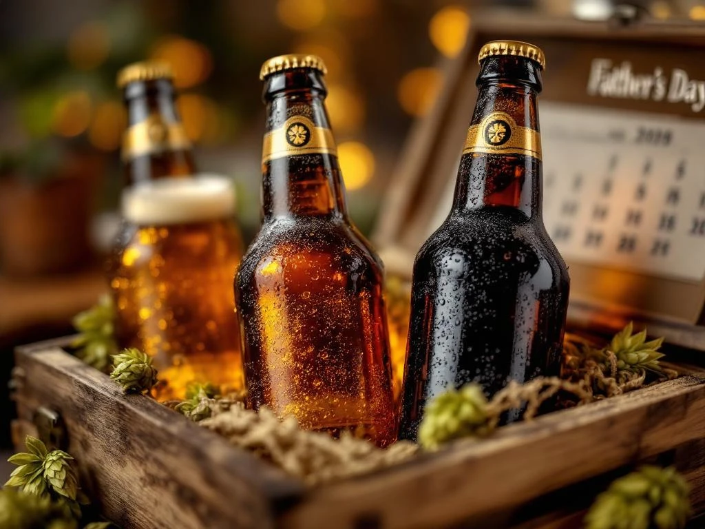 Premium ambachtelijke bierflessen in houten geschenkdoos met condensdruppels, Father's Day kalender op achtergrond