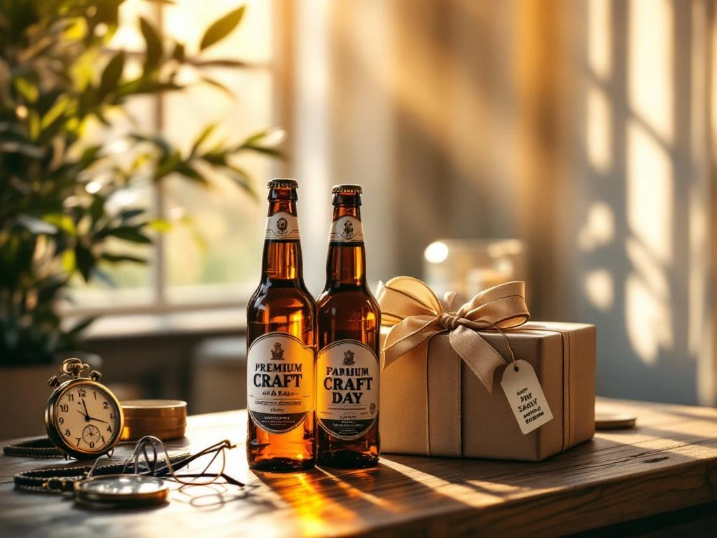 Vaderdag cadeau-opstelling met ambachtelijke bierflesjes, ingepakt geschenk en vintage accessoires op houten tafel