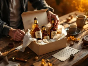 Vader opent elegante biergeschenkdoos met ambachtelijke bieren op rustieke houten tafel voor Vaderdag