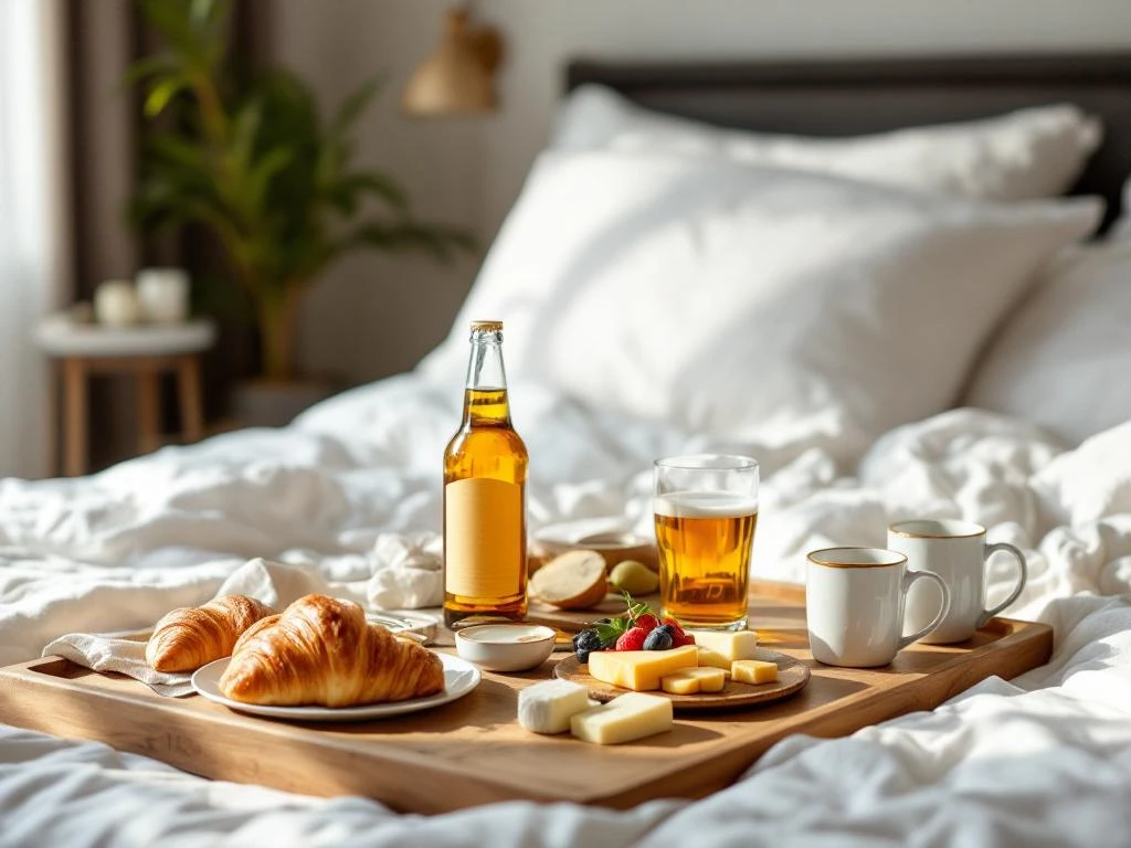 Luxe ontbijtplank met ambachtelijke bierflessen, croissants en kaas op wit beddengoed voor Vaderdag