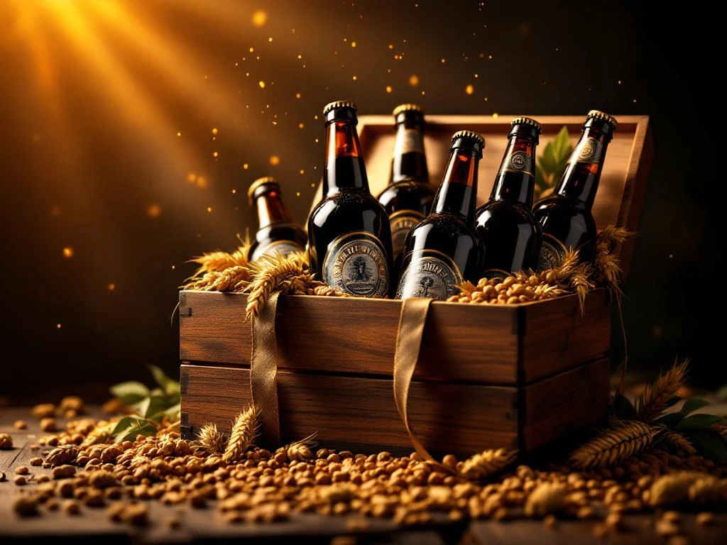 Elegant houten cadeaubox met premium donkere bierflessen voor Vaderdag, omgeven door hop en gerst in warm gouden licht.