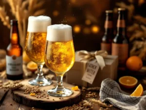 Witbier glazen met gouden bier en schuim op houten tafel, ambachtelijke flessen en cadeaubox voor Vaderdag