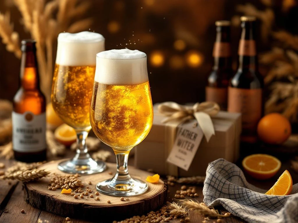 Witbier glazen met gouden bier en schuim op houten tafel, ambachtelijke flessen en cadeaubox voor Vaderdag