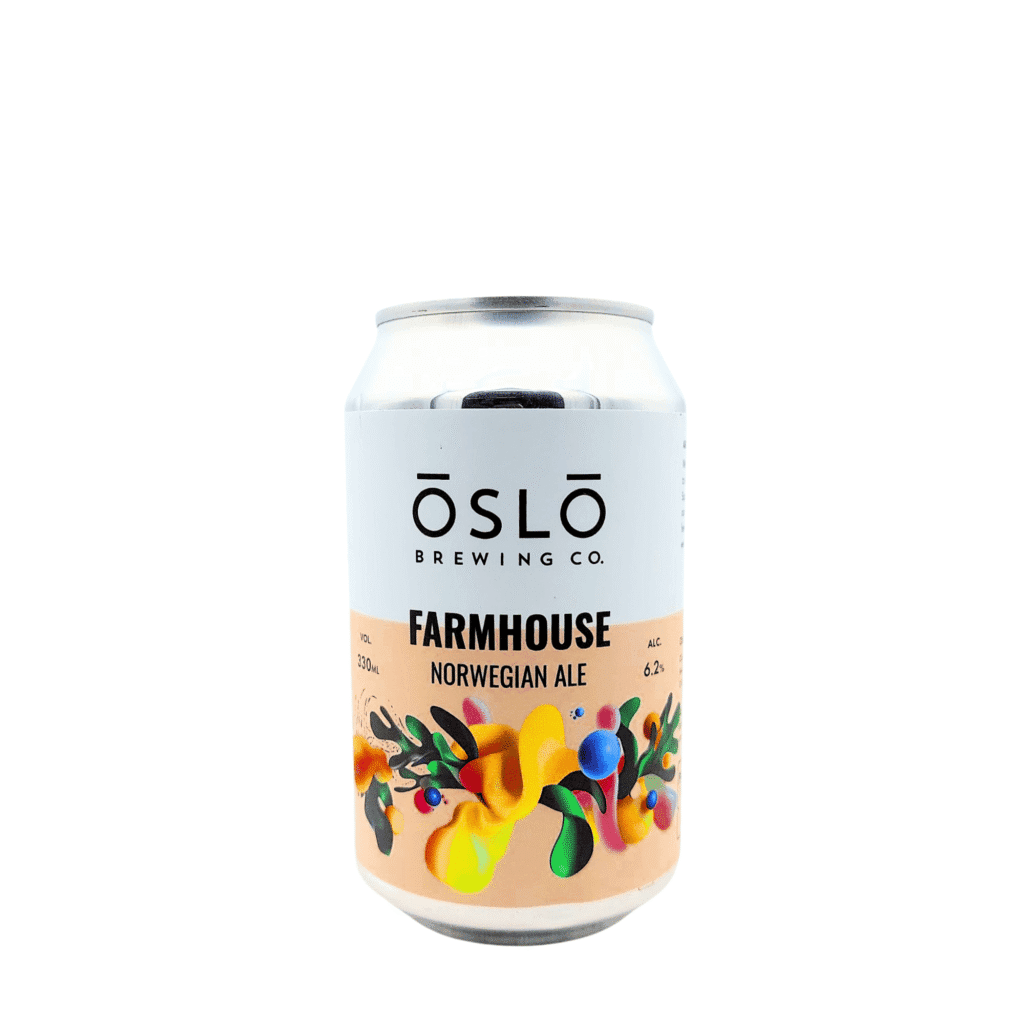 Farmhouse Norwegian Ale van Oslo Brewing Company met beige, felgeel en donkergroen etiket