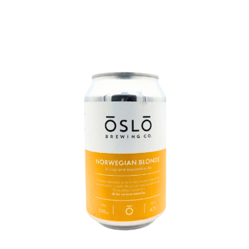 Norwegian Blonde blond bier van Oslo Brewing Company met wit, zwart en zongeel etiket