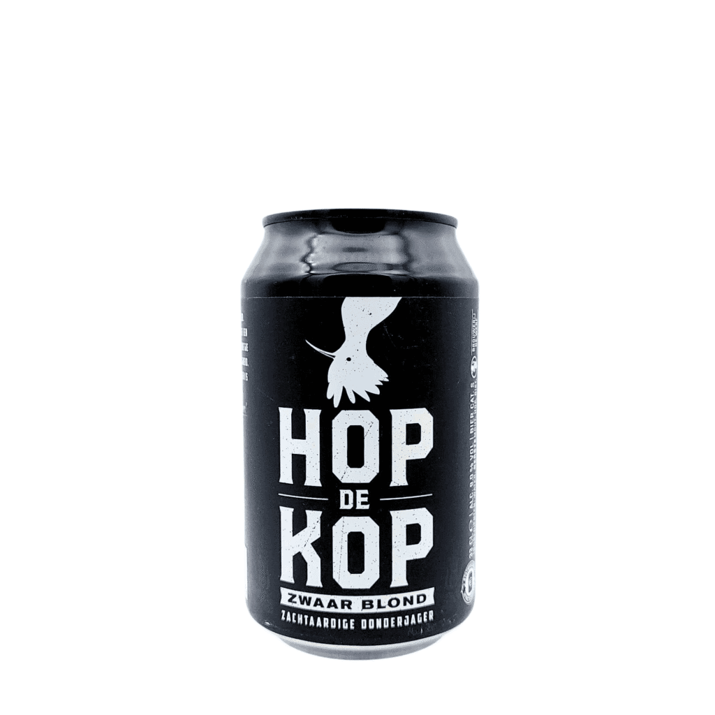 Hop de Kop zwaar blond bier met zwart-wit etiket