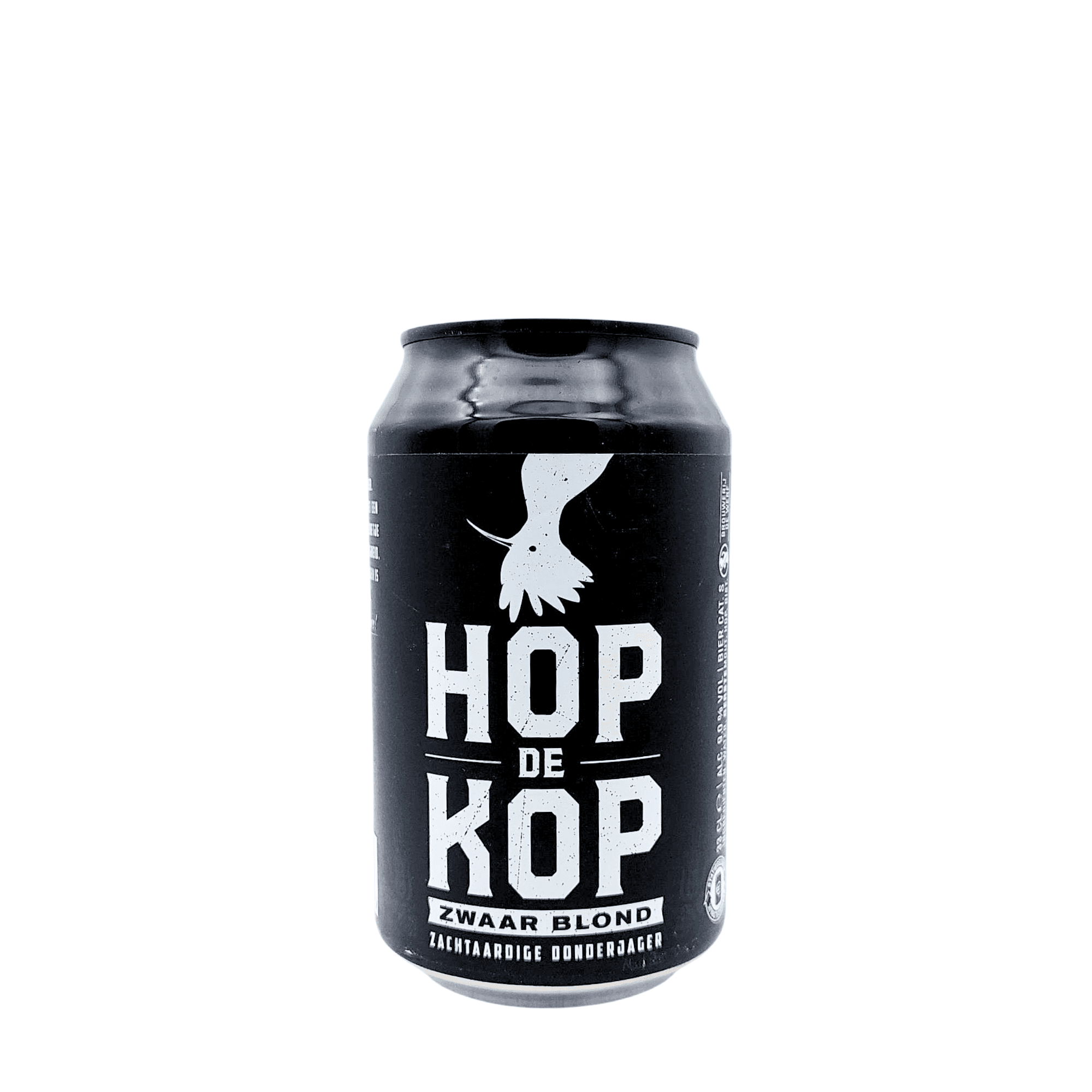 Hop de Kop zwaar blond bier met zwart-wit etiket