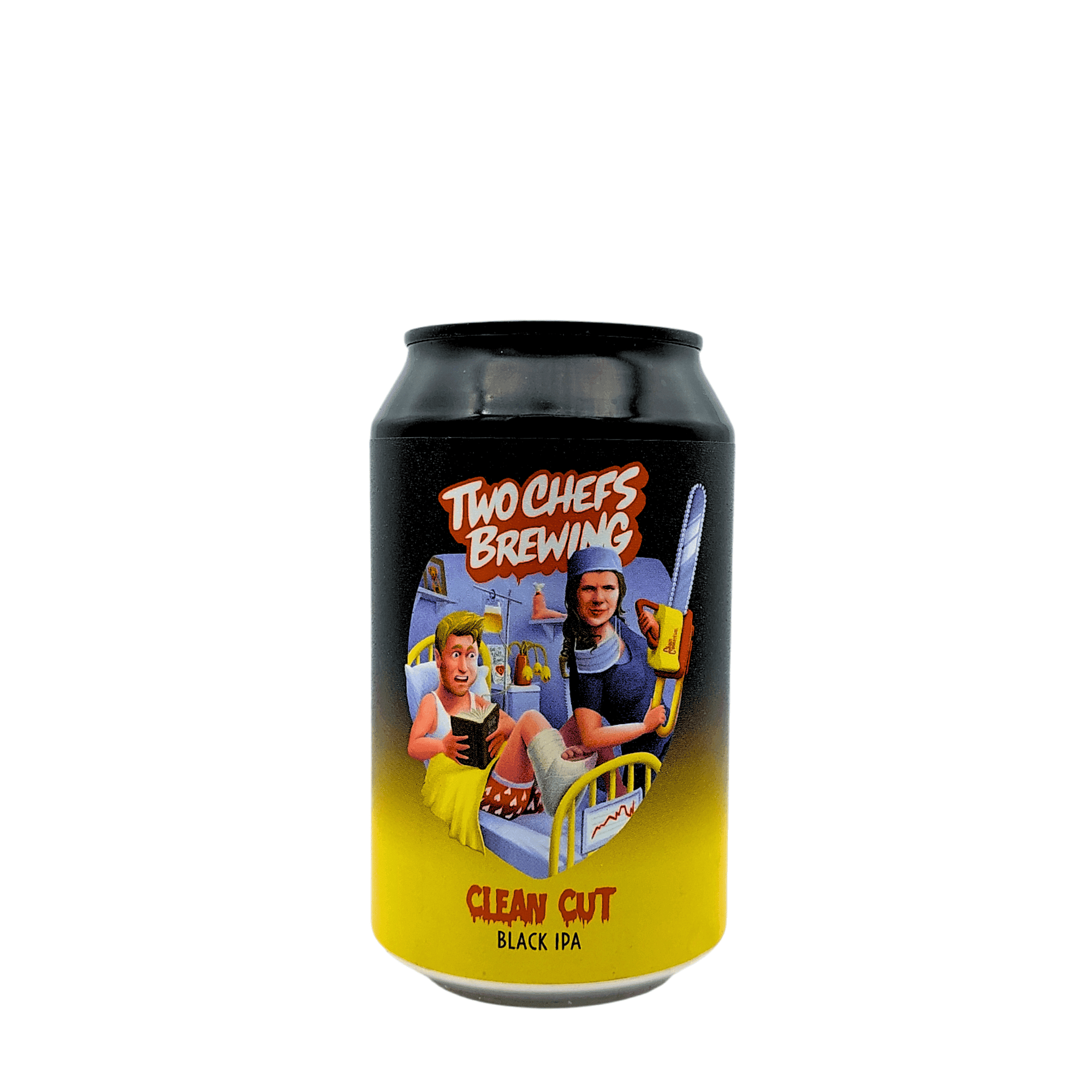 Clean Cut Black IPA van Two Chefs Brewing met zwart, geel en rood etiket