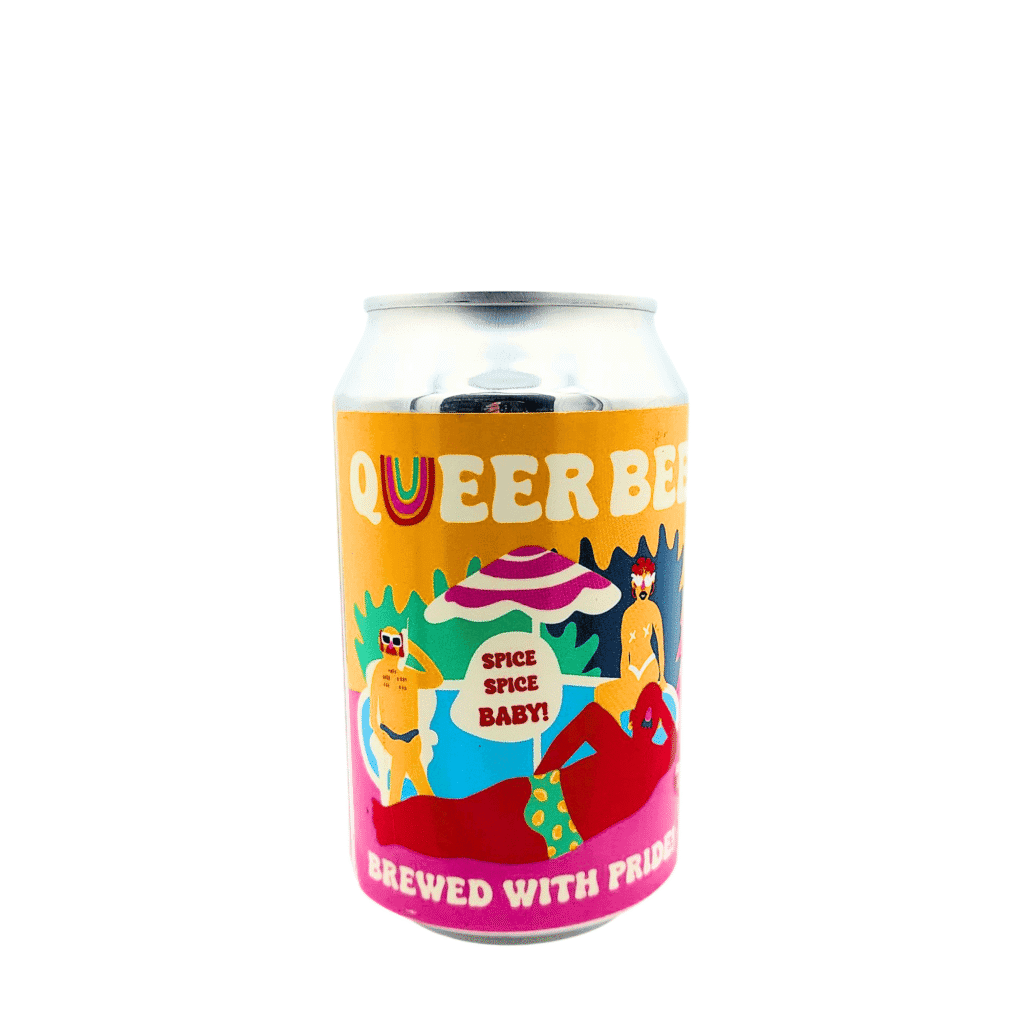 Queer Beer Spicy Mango hoppy white beer met geel, roze en groen etiket
