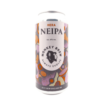 Hera NEIPA van Monkey Brew met lichtroze, oranje en donkerpaars etiket